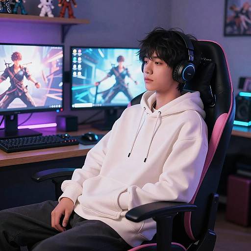 Photograph of an Asian teenage boy with black hair, wearing a white hoodie and headphones, seated in a gaming chair, surrounded by lit-up gaming monitors