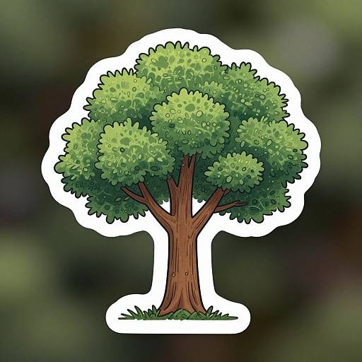 Digital illustration of a stylized tree with a brown trunk and lush green foliage, outlined in white, set against a blurred dark green background.