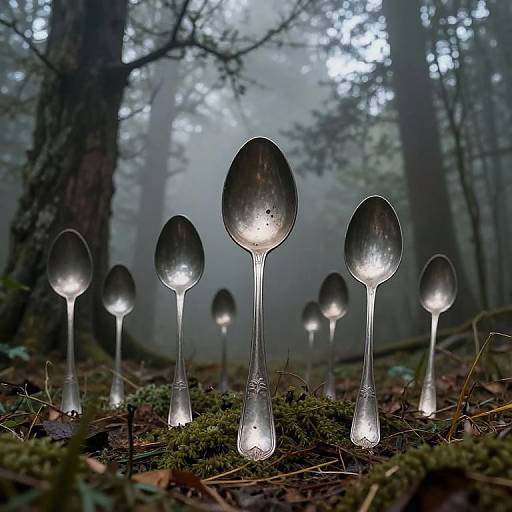 Metallic Spoons in Misty Forest
