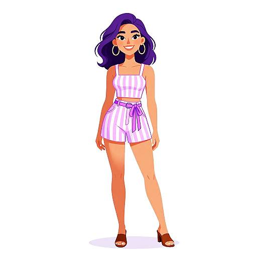 Digital illustration of a smiling woman with purple hair, wearing a pink and white striped crop top and high-waisted shorts, brown sandals, and large
