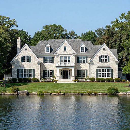 Photograph of a large, white, colonial-style mansion with multiple gabled roofs, surrounded by greenery, and reflecting in a calm pond.