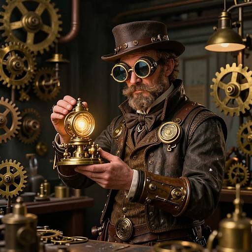 Steampunk inventor with round glasses and brown top hat adjusts glowing brass lantern amidst intricate gearwork in dimly lit workshop.