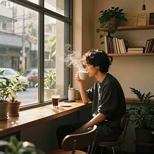 Photograph of a curly-haired woman in a black shirt, sitting by a sunlit window, sipping steaming coffee, surrounded by potted plants