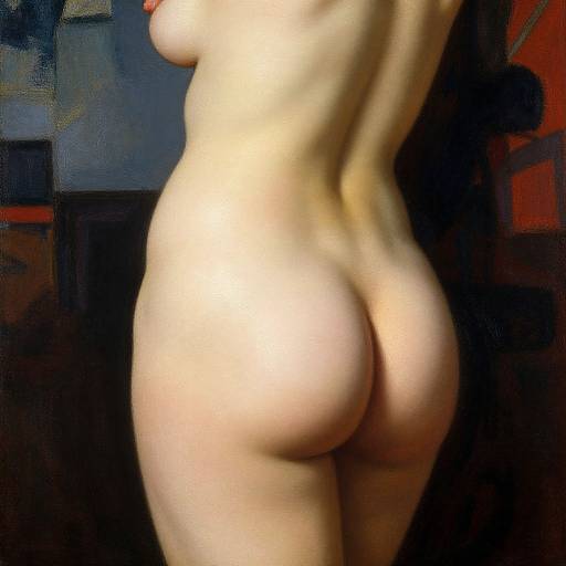 Photograph of a nude, light-skinned woman from the back, highlighting her bare buttocks and smooth, curved spine in a dimly lit room