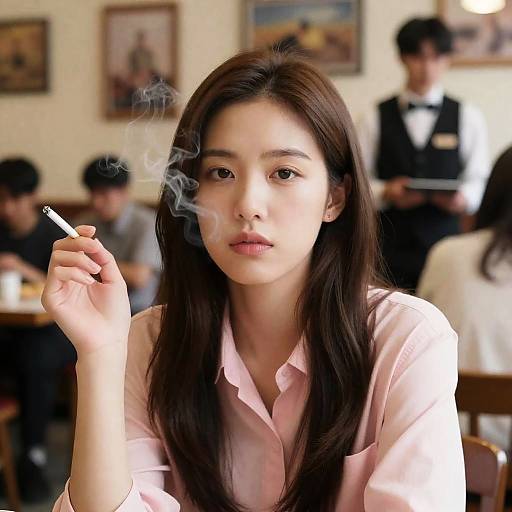 Serious Woman in Restaurant with Cigarette