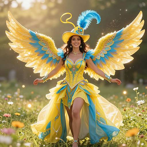 Woman in Vibrant Yellow and Blue Winged Costume