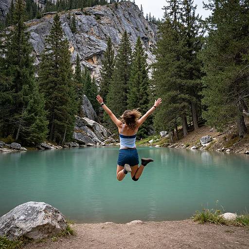 Photograph of a woman with brown hair, wearing a blue tank top and shorts, joyfully jumping into a serene, turquoise mountain lake surrounded by pine