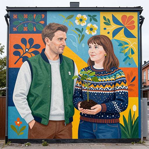 Photograph of a couple standing in front of a vibrant, floral-patterned mural. Man in green vest, white shirt, brown pants; woman in