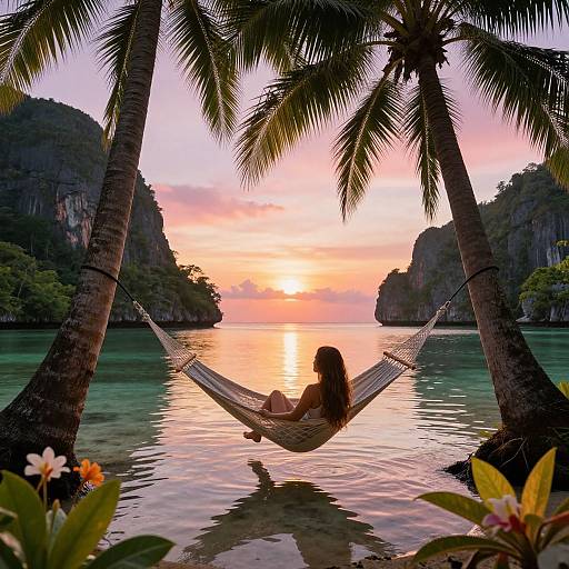 Photograph of a woman with long brown hair, sitting in a hammock between two palm trees, watching a vibrant sunset over a calm, turquoise sea