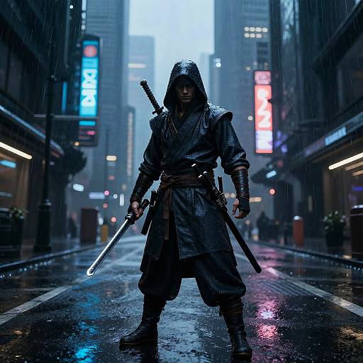 Cyberpunk ninja in dark, wet alley holding katana; hood up, hooded cloak, rain-soaked street, neon signs in background.