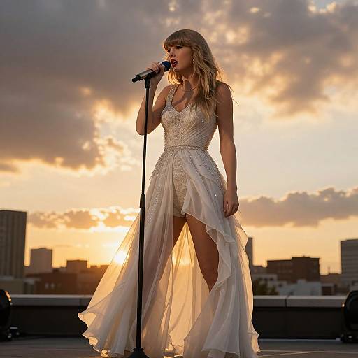 Photograph of Taylor Swift singing on rooftop at sunset, wearing a white, beaded, thigh-high, flowing evening gown, holding a microphone.