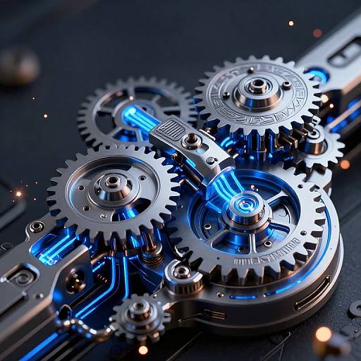 Close-up photograph of intricate, metallic gears with glowing blue neon lights, set against a dark background. Detailed, high-tech, mechanical design.