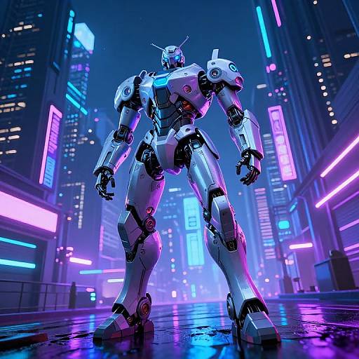 CGI image of a towering, white and blue neon-lit robotic warrior standing in a futuristic, cyberpunk cityscape with vibrant neon signs and skys