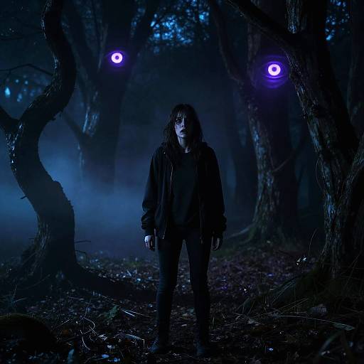 Photograph of a disheveled man with long hair standing in a dark, eerie forest illuminated by blue and purple lights.