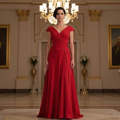 Photograph of a woman with short black hair, wearing a red off-shoulder evening gown, standing in an elegant, chandelier-lit room