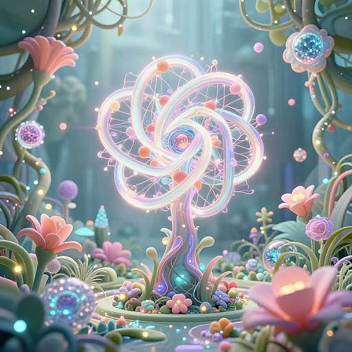 Digital art of a glowing, neon, wireframe tree with swirling lights surrounded by colorful, fantastical flowers and glowing orbs in a vibrant, enchanted forest