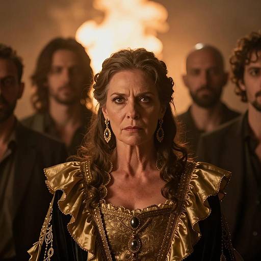 Intense Middle-Aged Woman in Gold and Black Garment