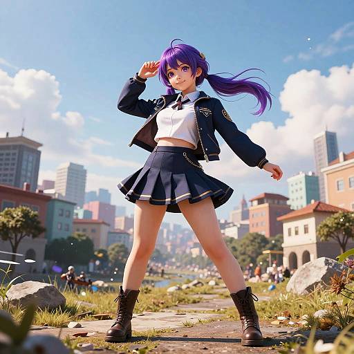 Anime-style digital artwork: Purple-haired girl in school uniform, black jacket, white shirt, and short skirt, standing confidently in urban park.