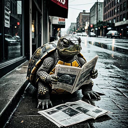 Grumpy Turtle Reading Newspaper on Rainy City Sidewalk