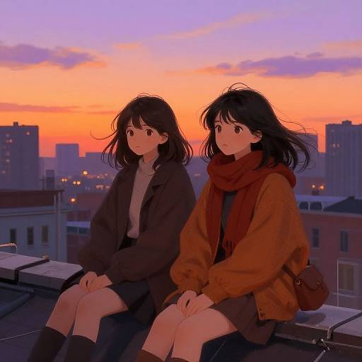 Anime-style digital illustration of two girls with black hair, sitting on a rooftop at sunset. One wears a brown jacket and red scarf, the other a