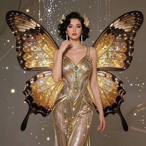 Photograph of a fair-skinned woman with black curly hair, wearing a shimmering gold dress with blue gemstones, and large, ornate butterfly