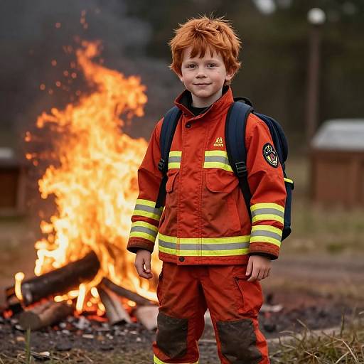 Photograph of a young boy with red hair, wearing a red firefighter uniform with yellow stripes, standing in front of a burning fire outdoors.