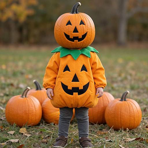 Photograph of a child in a pumpkin costume with green leaf collar, standing in a grassy field with several orange pumpkins in the background. Autumn