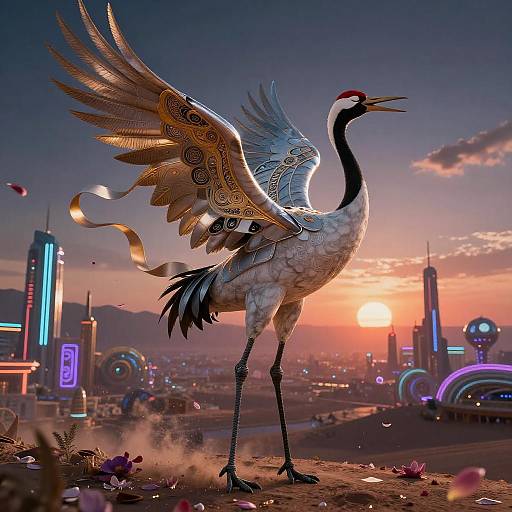 Ceremonial Gilded Crane on Neon Ridge