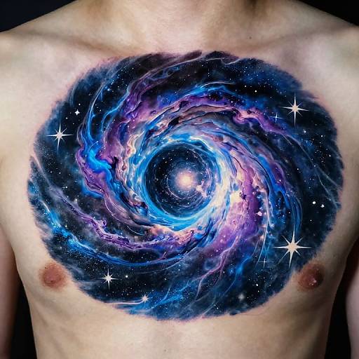 Photograph of a shirtless person with a vibrant, swirling galaxy tattoo covering their chest, featuring blue, purple, and black cosmic colors with sparkling stars