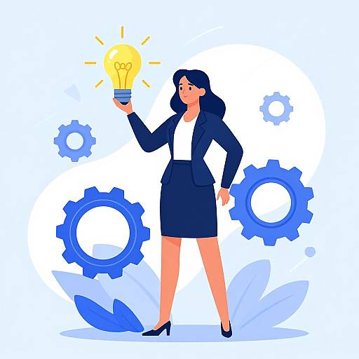 Digital illustration of a confident woman in a navy suit holding a glowing lightbulb, surrounded by blue gears on a white background.