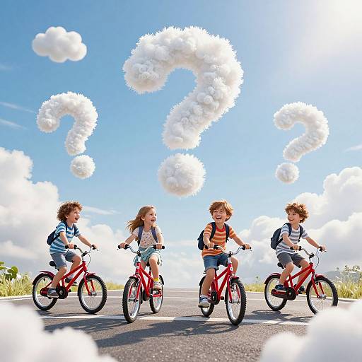 Photograph: Four curly-haired children with backpacks ride red bicycles on a sunny road, surrounded by floating white question marks against a clear blue sky.