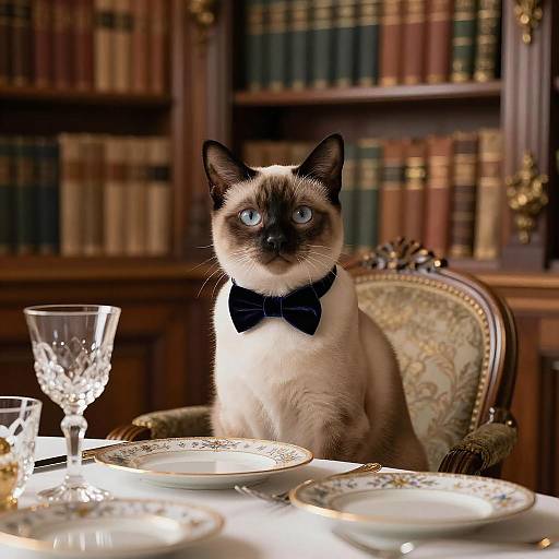 Elegant Siamese Cat at Fine Dining Table