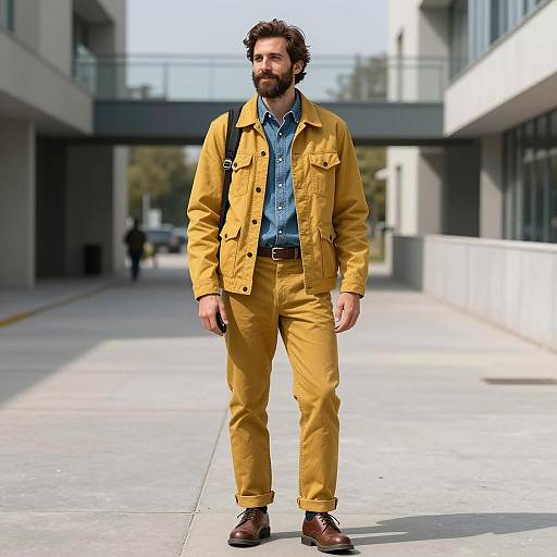 Man in Mustard Yellow Outfit Standing Outdoors