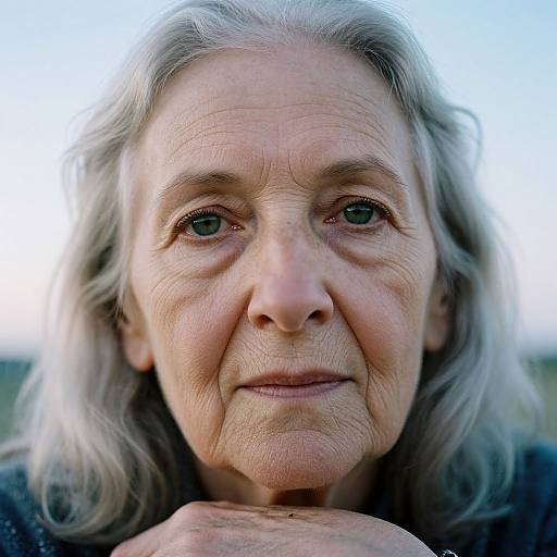 Close-up photograph of an elderly woman with long, wavy gray hair, pale skin, and green eyes, gently smiling with hands resting under her chin