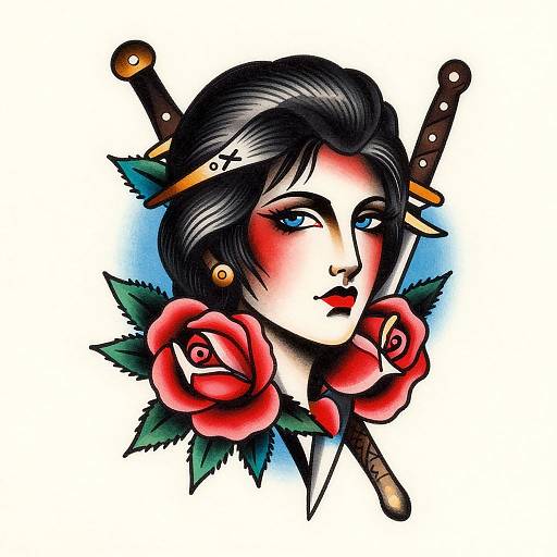 Tattoo-style digital drawing of a pale-faced woman with black hair, blue eyes, red lipstick, roses, and crossed knives in background.