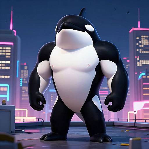 CGI image of a muscular, anthropomorphic orca with black and white skin standing on a neon-lit city rooftop at night.