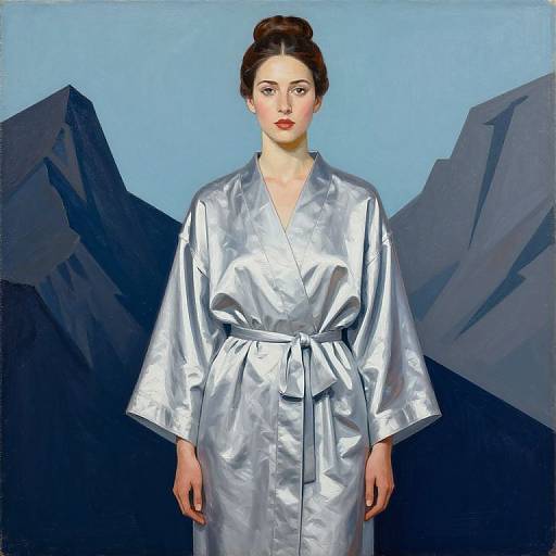Digital painting of a fair-skinned woman with dark hair in a bun, wearing a shiny silver satin kimono, standing against a blue sky with dark