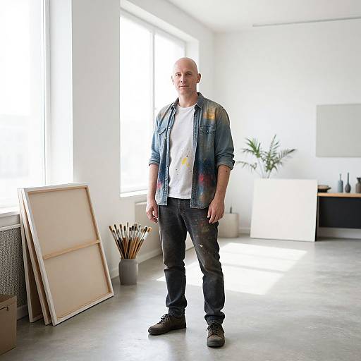 Bald Man in Minimalist Art Studio