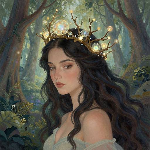 Digital painting of a fair-skinned woman with long, wavy black hair, wearing a golden, branch-like crown with glowing orbs, in a lush