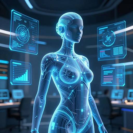 Digital CGI of a glowing blue, wireframe female humanoid with visible breasts, standing in a high-tech futuristic lab surrounded by holographic screens.