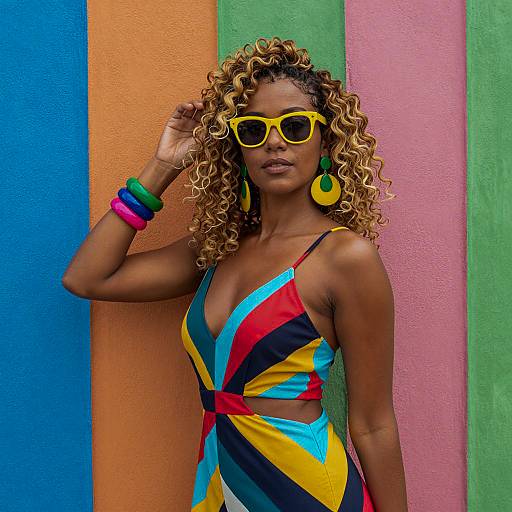 Vibrant Fashion Portrait Against Colorful Wall