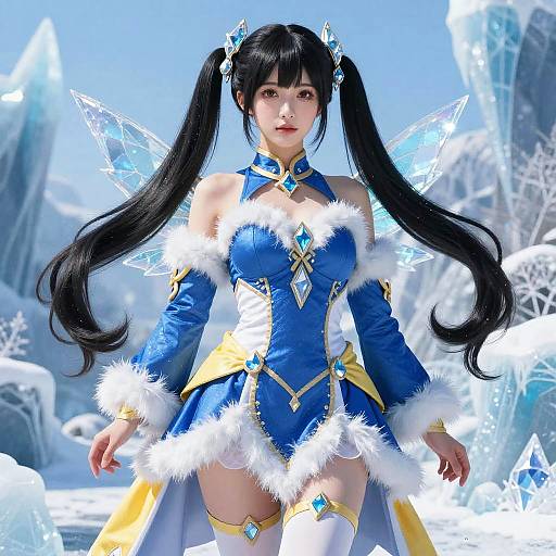Digital artwork of an anime-style woman with long black hair in blue and yellow ice-themed outfit, white fur trim, and ice wings, standing in a