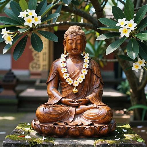 Photograph of a bronze Buddha statue, seated in lotus position, adorned with white flower garland, surrounded by blooming frangipani tree