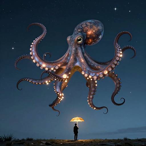Bioluminescent Octopus and Umbrella