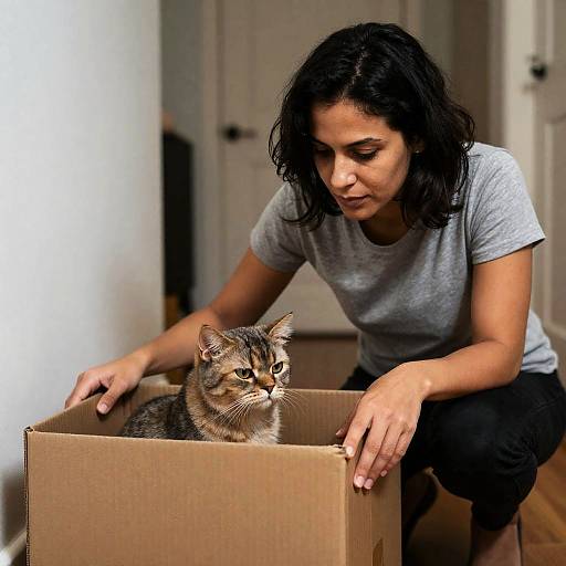 Woman and Cat in Cardboard Box