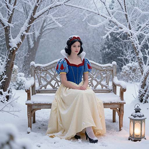 Snow-covered forest bench with Snow White in blue dress, white skirt, red accents, and black hair, lit by lantern.