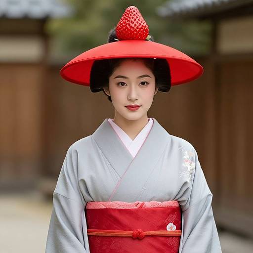 Woman in Grey Kimono with Strawberry Hat