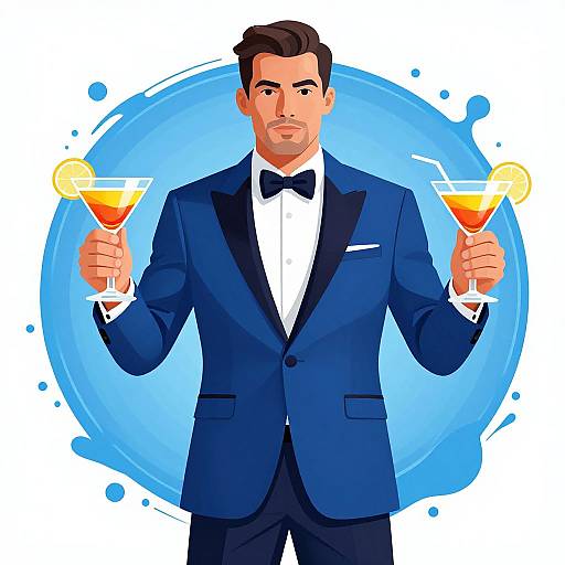 Digital illustration of a handsome man in a blue tuxedo, bow tie, holding two cocktail glasses with orange drinks, lemon slices, against a blue