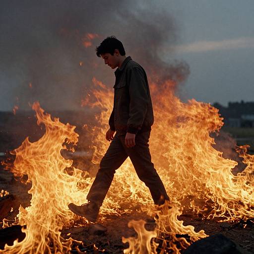 Photograph of a silhouetted man walking through intense, orange flames with dark smoke in the twilight background. He wears a dark jacket and pants