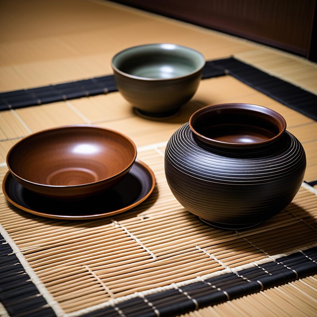 Zen Aesthetic Pottery on Tatami Mat